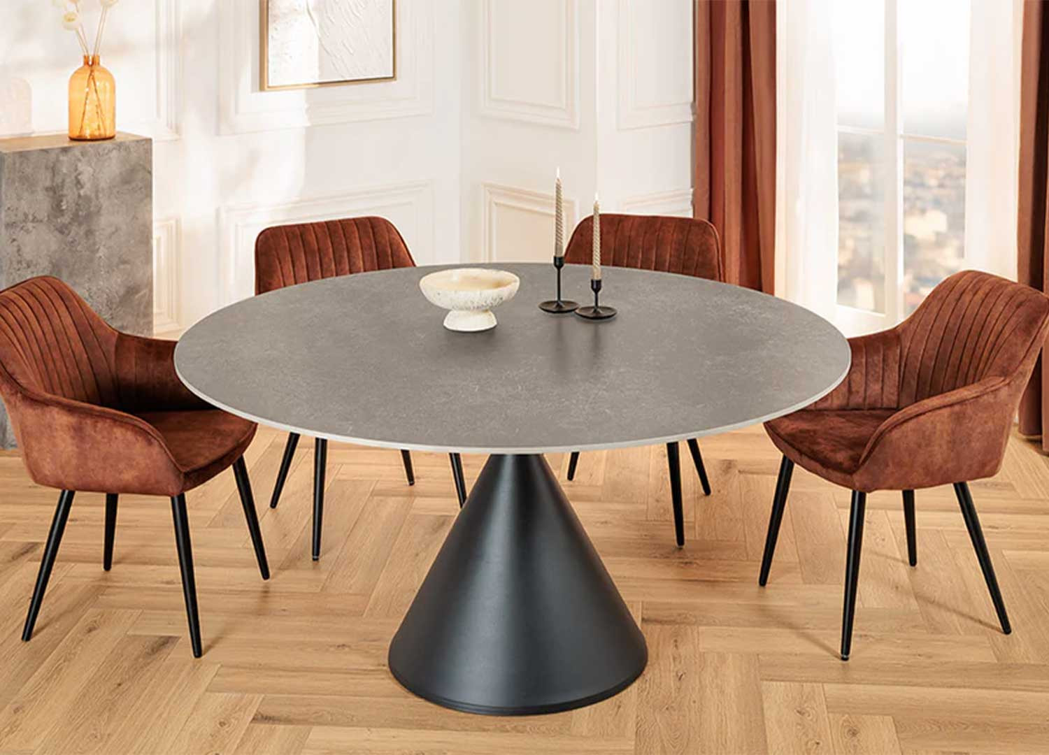 Table ronde 135 cm céramique gris et pied central Ariana