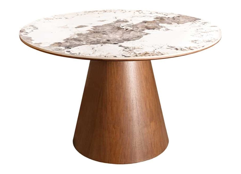 Table à manger ronde Ovélis 120 cm en céramique Pandora avec pied central en noyer sur fond blanc