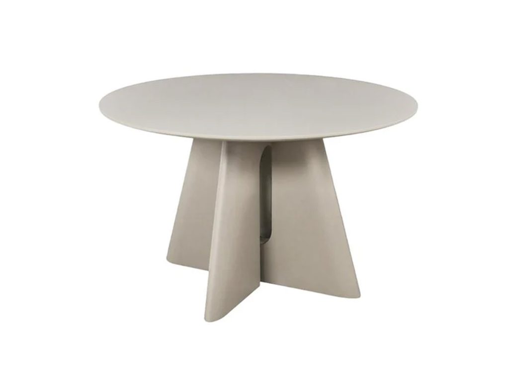 Table à manger ronde Ovélis 120 cm gris ciment avec piètement sculptural sur fond blanc