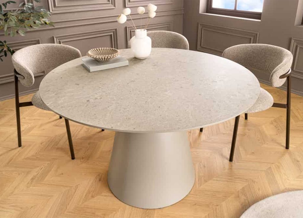 Table ronde gris béton 120 cm pied central Ovélis