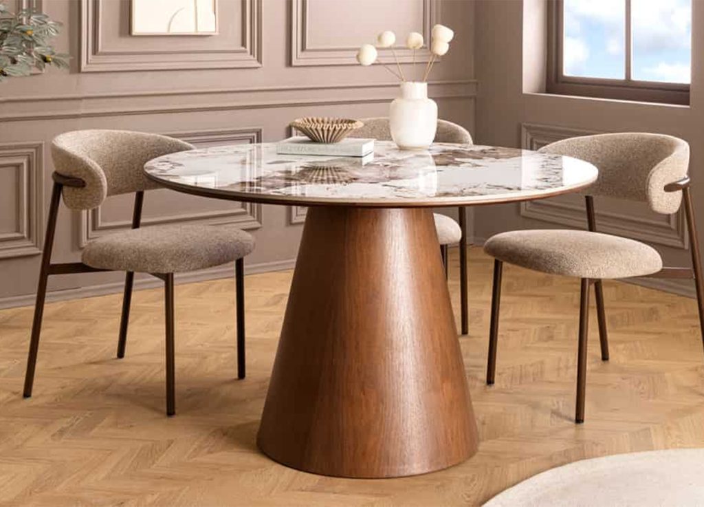 Table ronde 120 cm céramique Pandora et noyer Ovélis