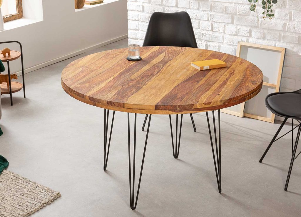 Table salle à manger ronde en bois massif et métal 120 cm