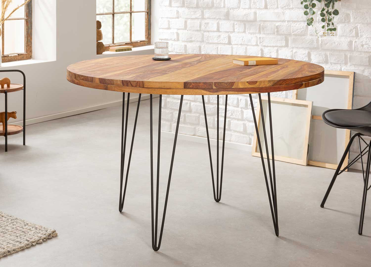 Table salle à manger ronde en bois massif et métal 120 cm