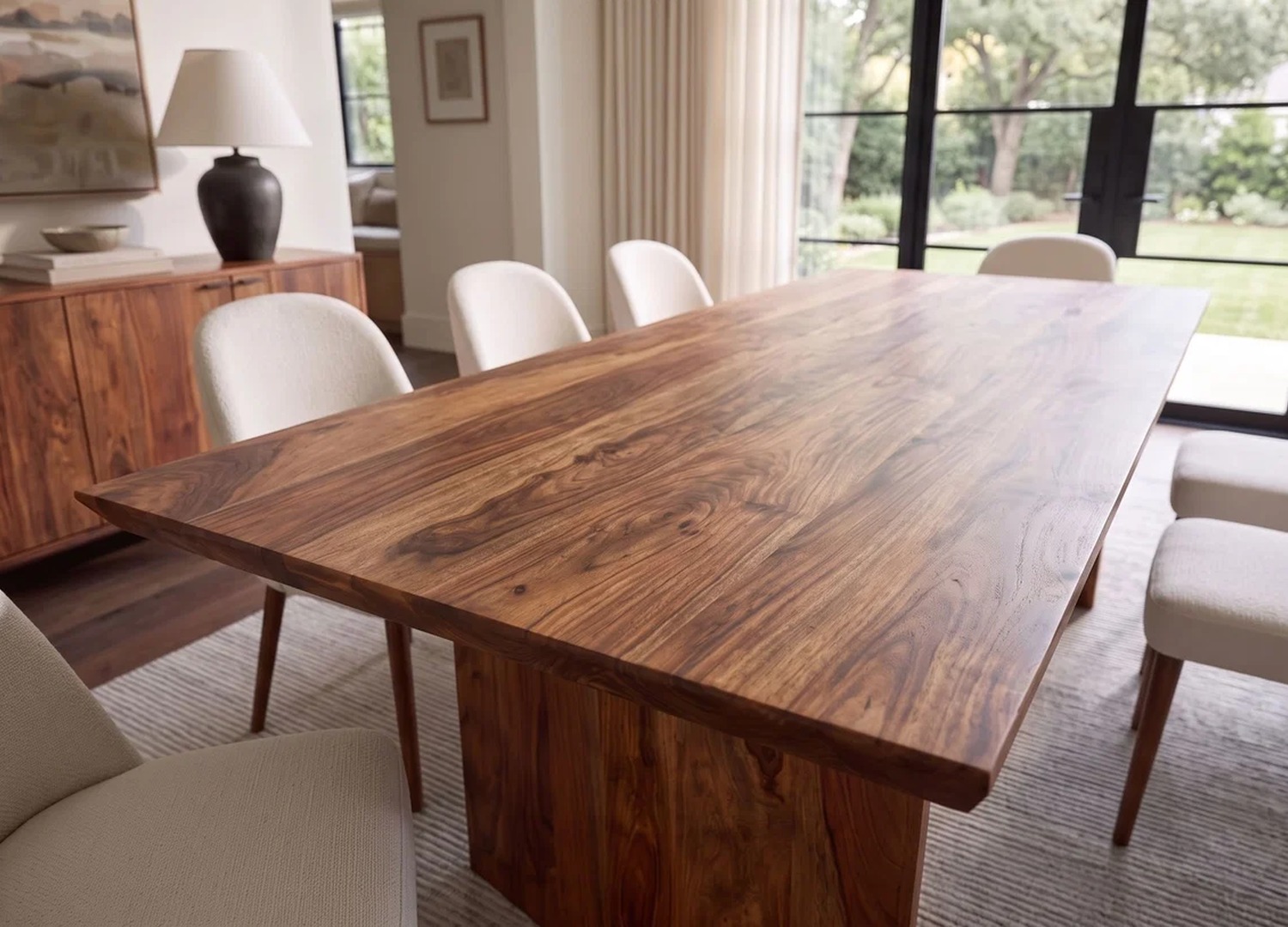 Détail du plateau et du chant suisse biseauté de la table Sélorin