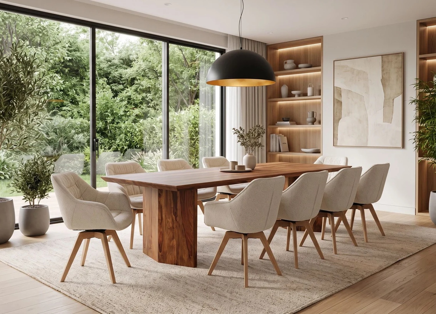 Table à manger Sélorin 240 cm en sheesham massif dans une salle à manger contemporaine