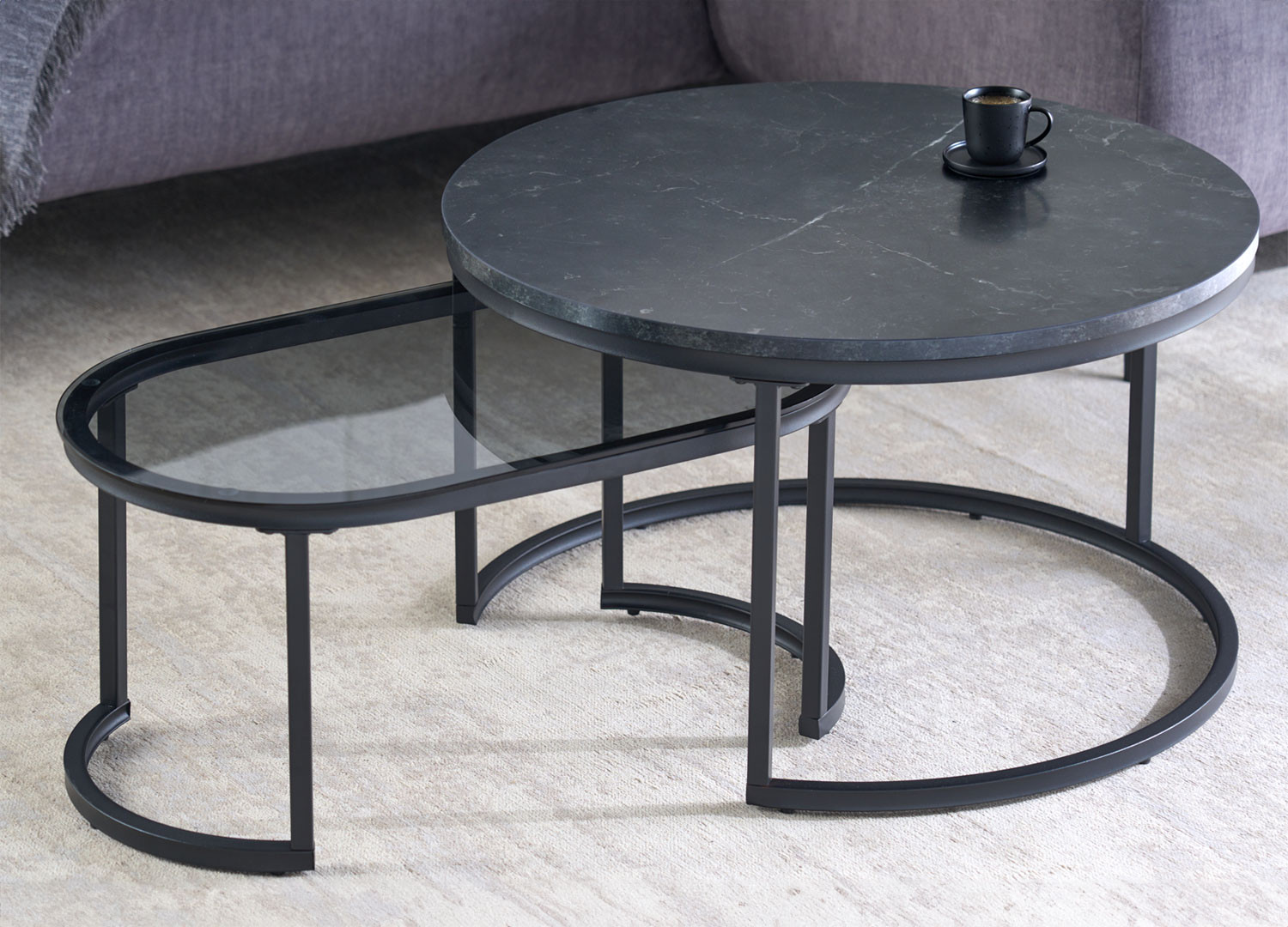 Tables basses gigogne aspect marbre noir et verre