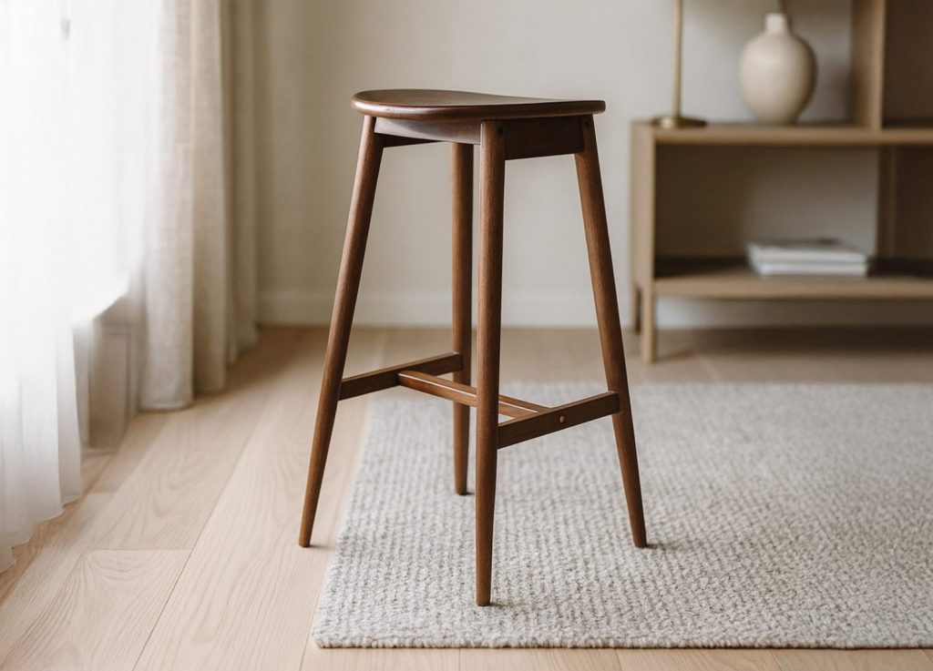Tabouret de bar Orust hévéa moka assise 77 cm mis en scène autour d'un îlot ou d'une table haute