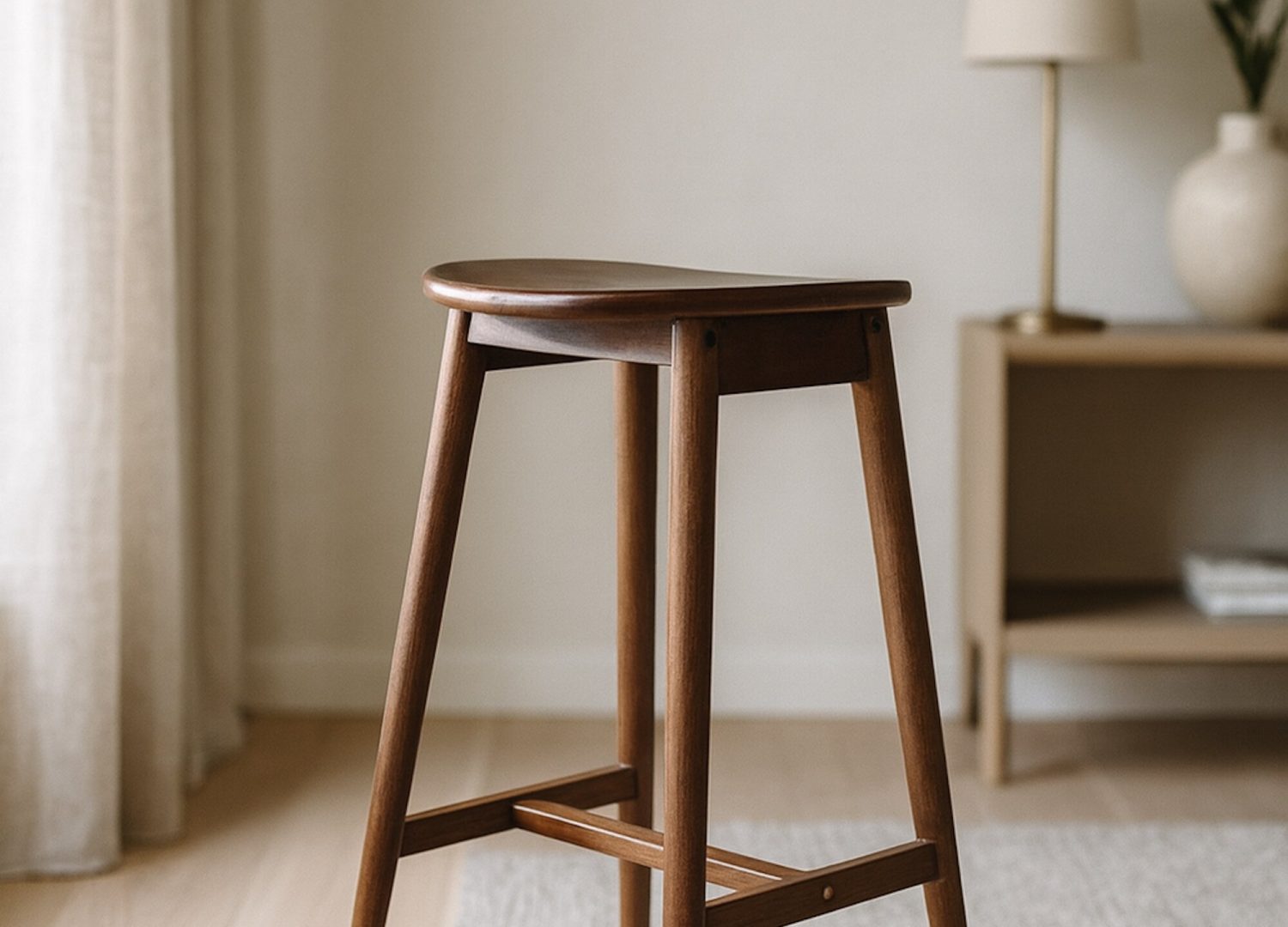 Tabouret de bar Orust hévéa moka assise 77 cm présenté dans un espace repas en hauteur