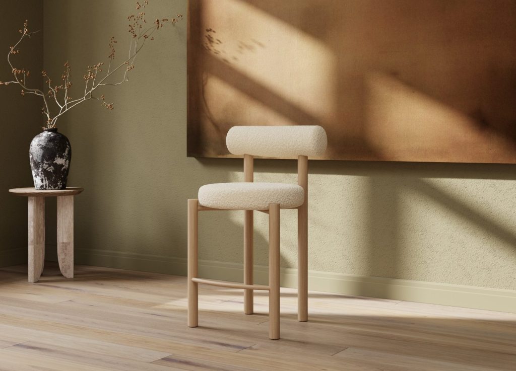 Lot de 2 tabourets de bar TIllo tissu bouclette blanc assise 66 cm mis en scène autour d'un îlot ou d'une table haute
