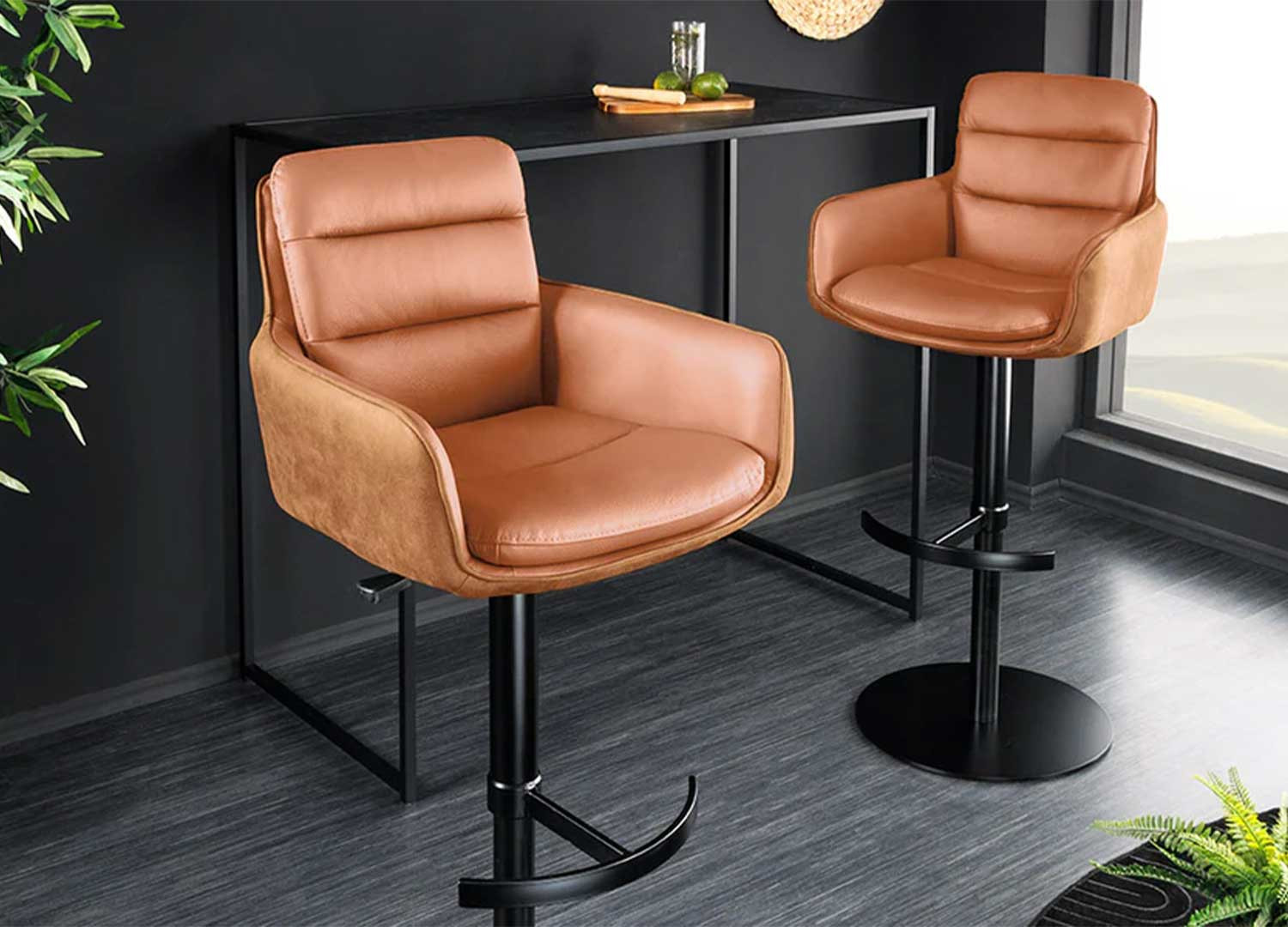 Tabouret de bar design cuir et microfibre cognac rotatif Abby