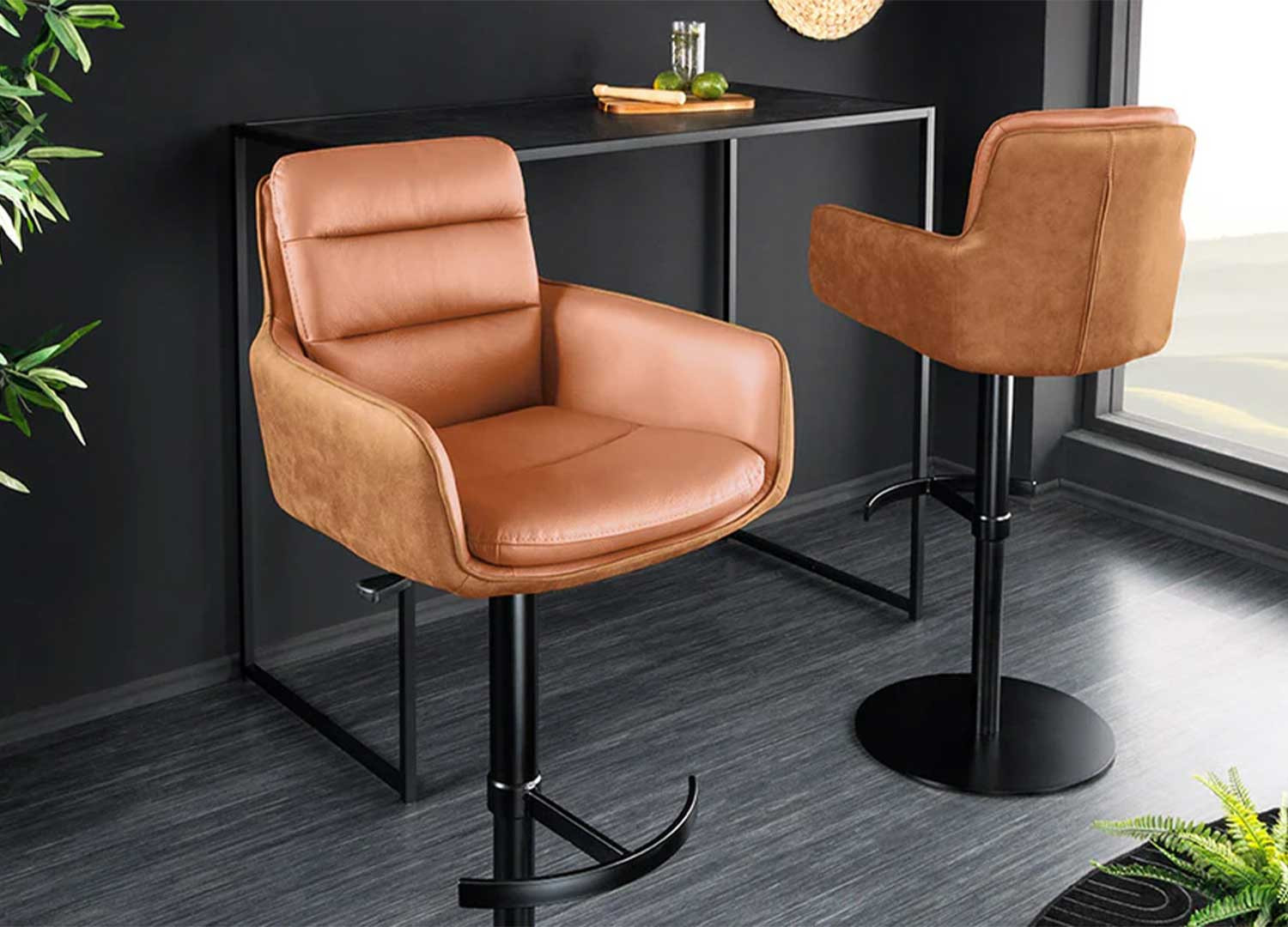 Tabouret de bar design cuir et microfibre cognac rotatif Abby