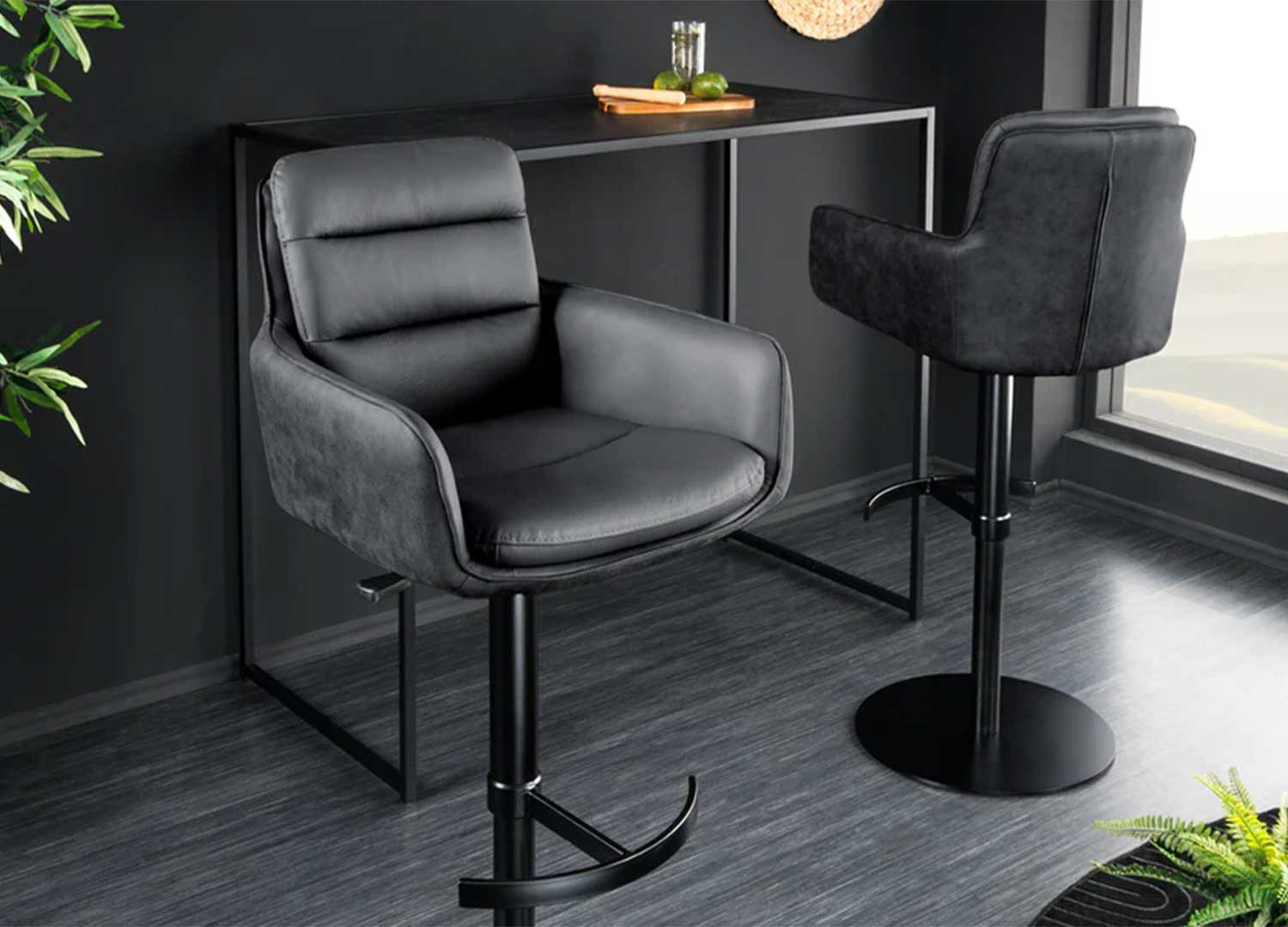 Tabouret de bar en cuir et microfibre anthracite rotatif Abby