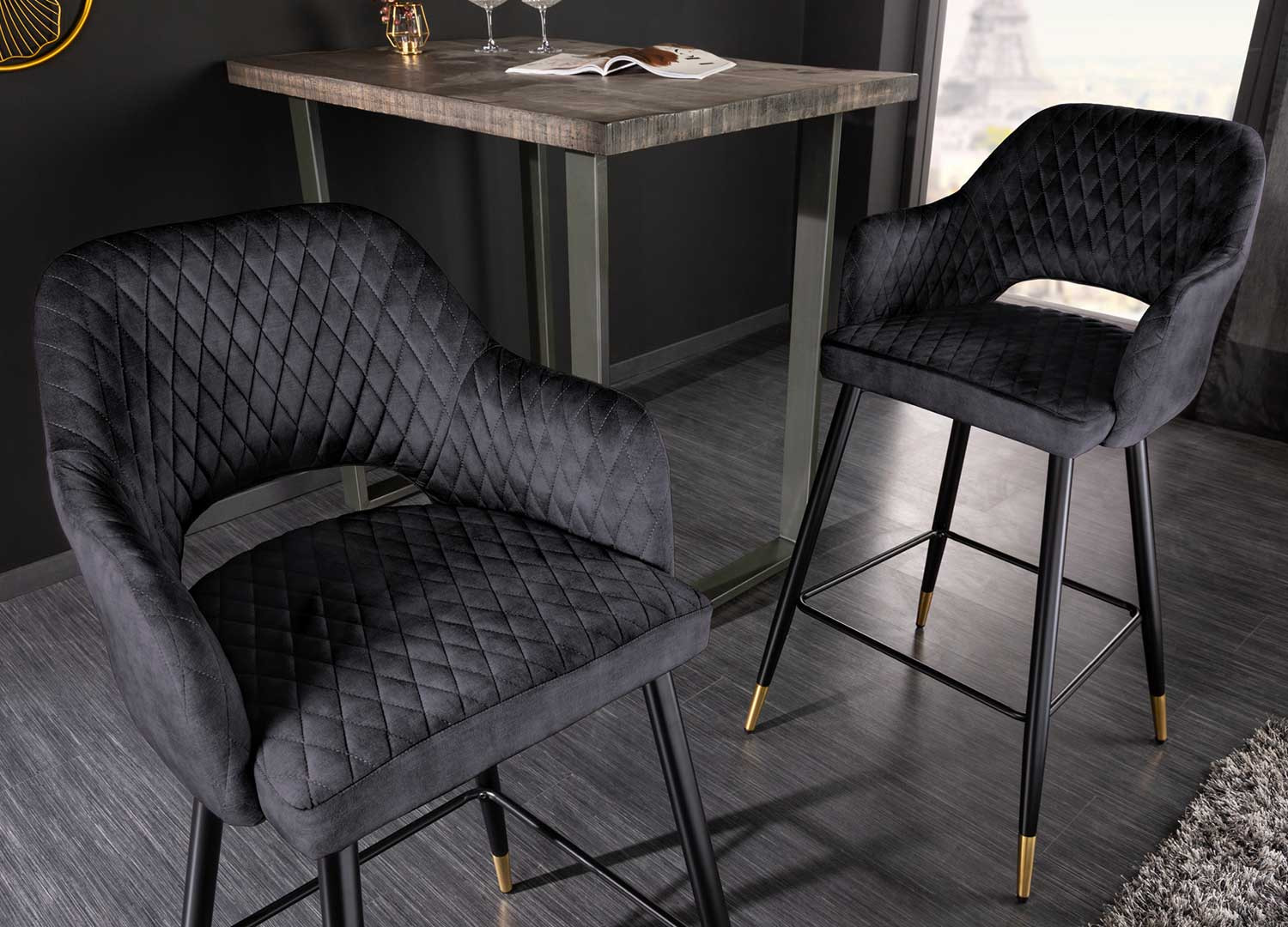 Tabouret de bar tissu velours gris anthracite