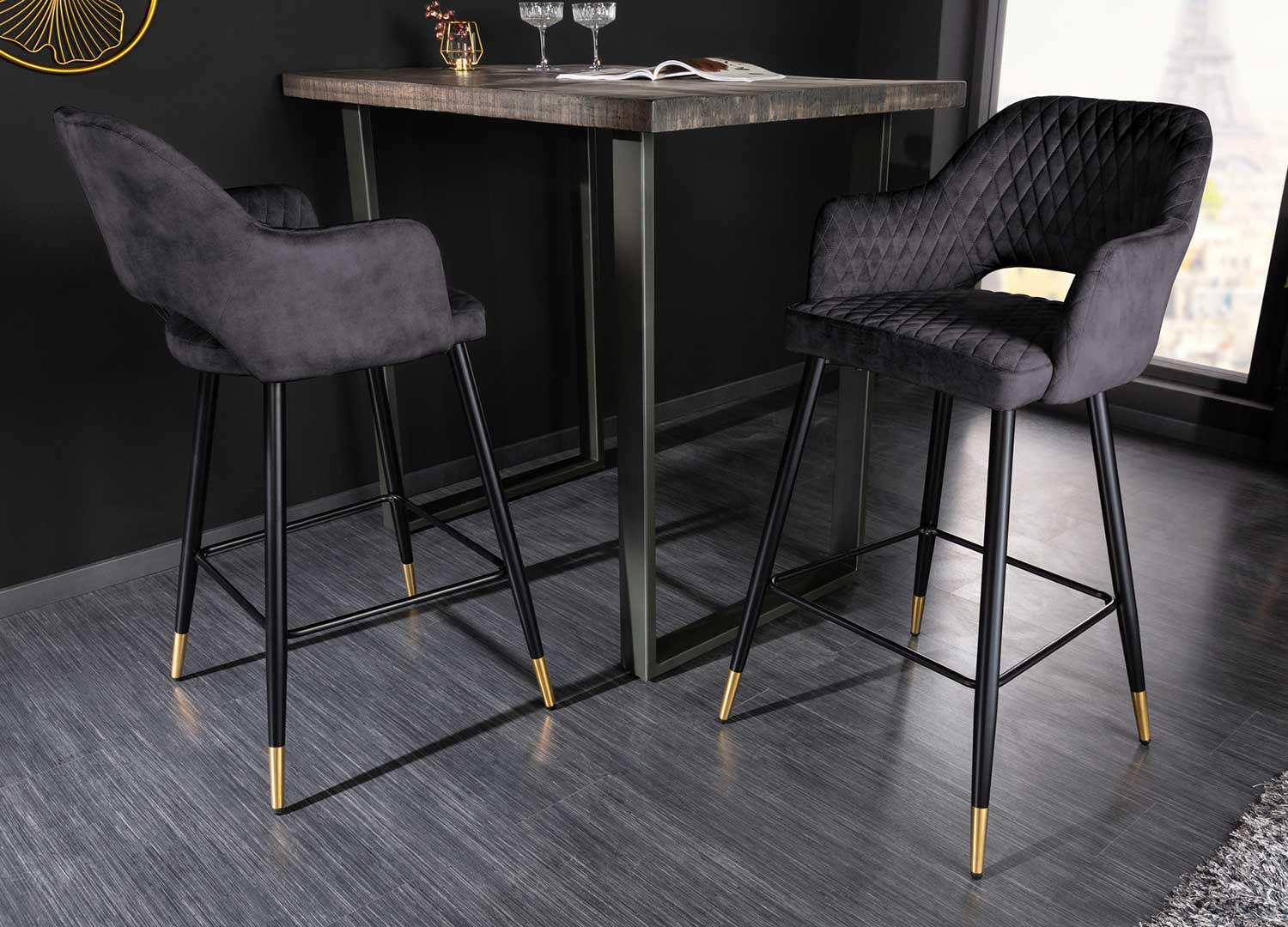 Tabouret de bar tissu velours gris anthracite