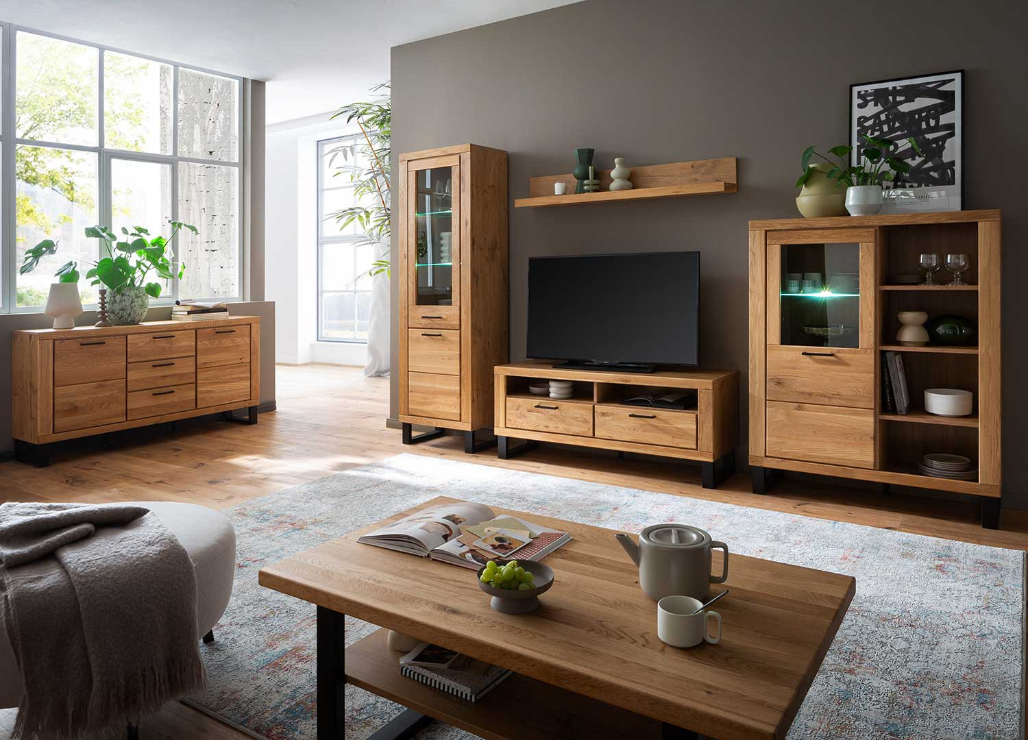 Vitrine 2 portes 199 cm en bois chêne sauvage Jambo
