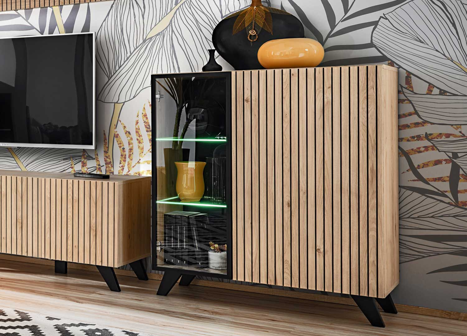 Vitrine 2 portes 90 cm bois et noir