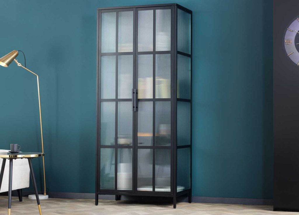 Vitrine 2 portes en verre nervuré et métal 180 cm