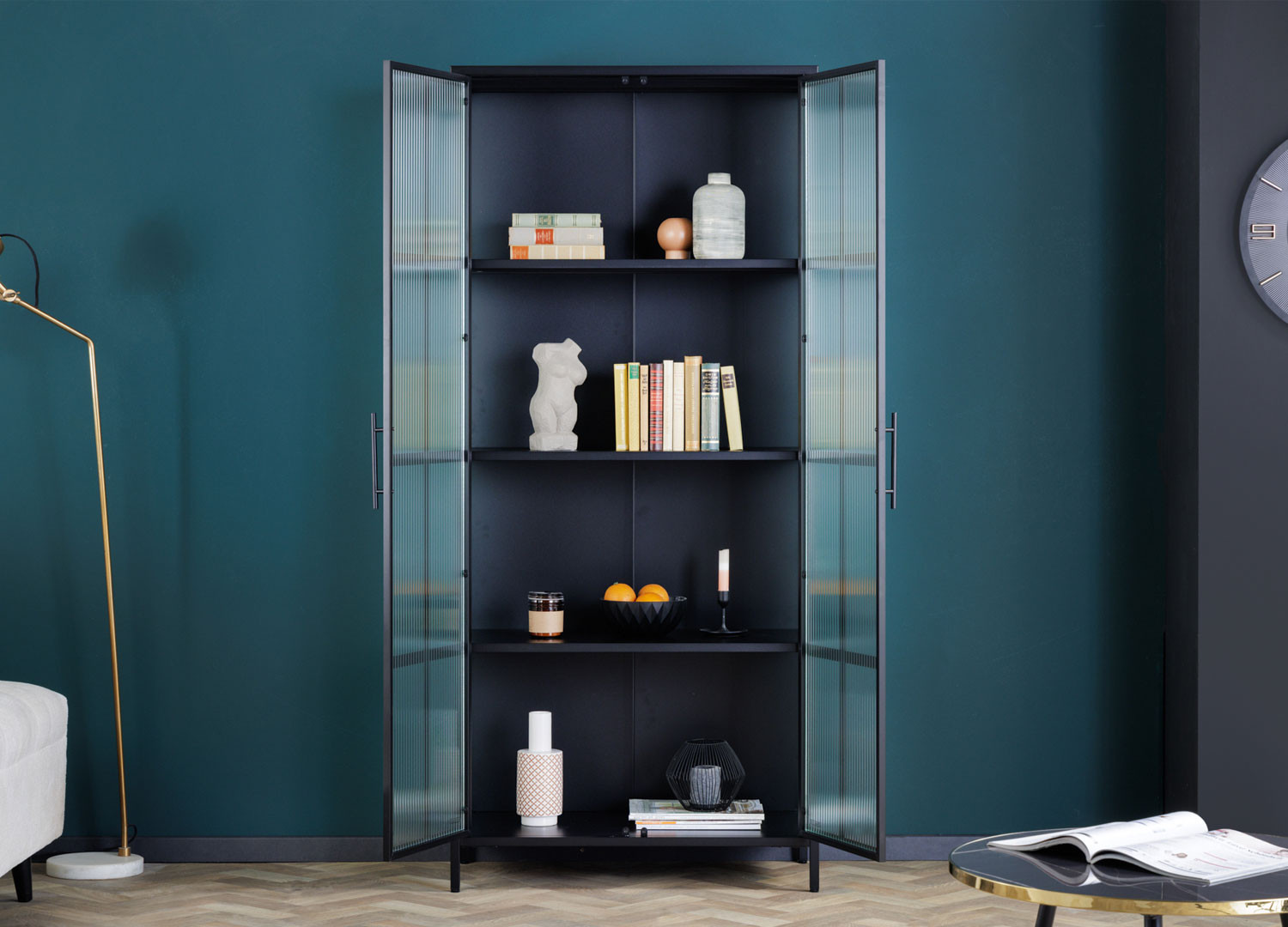 Vitrine 2 portes en verre nervuré et métal 180 cm