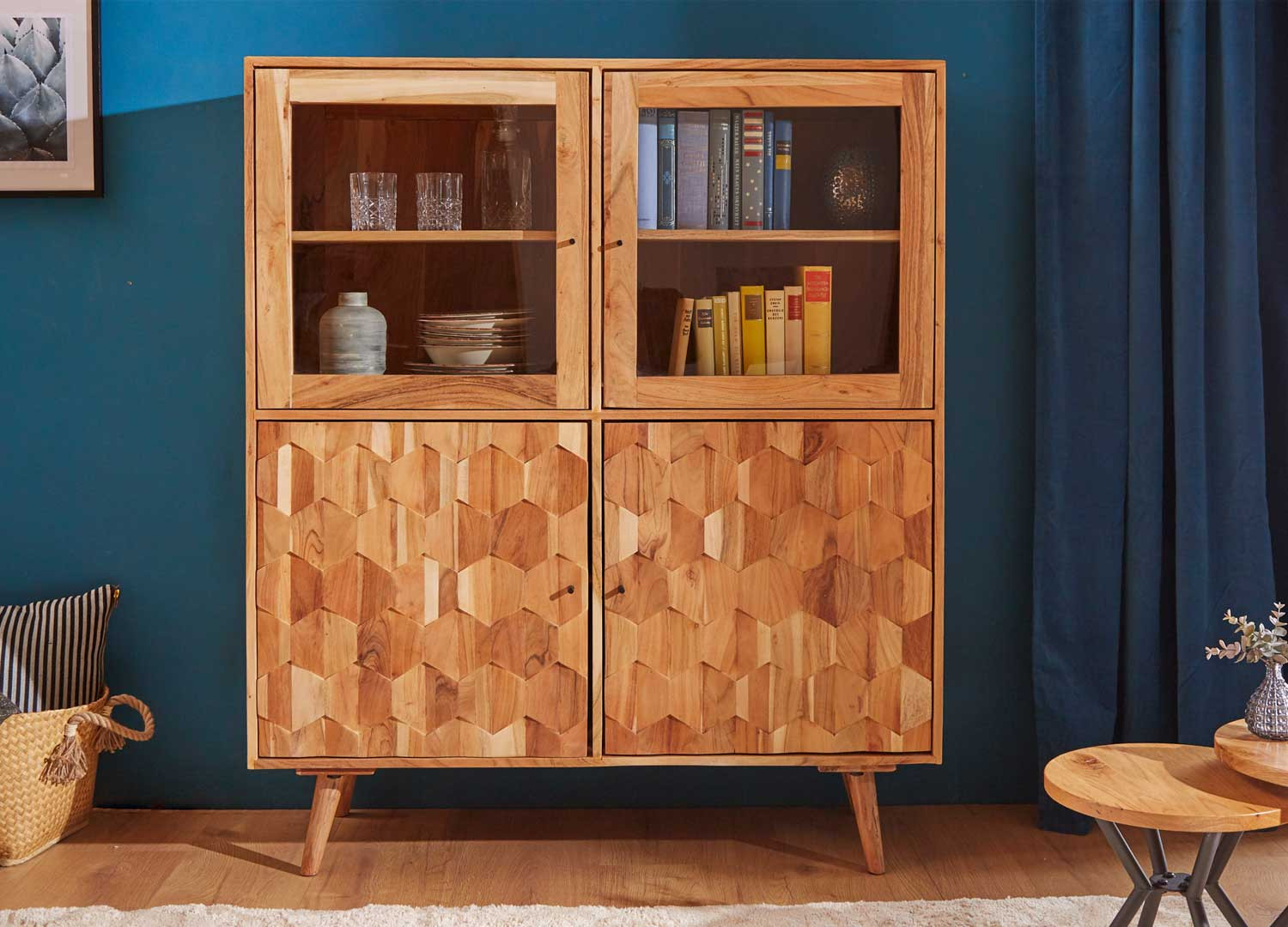 Vitrine acacia massif 4 portes effet mosaïque et verre