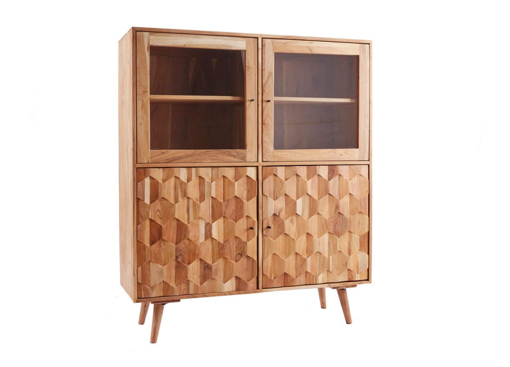 Vitrine acacia massif 4 portes effet mosaïque et verre