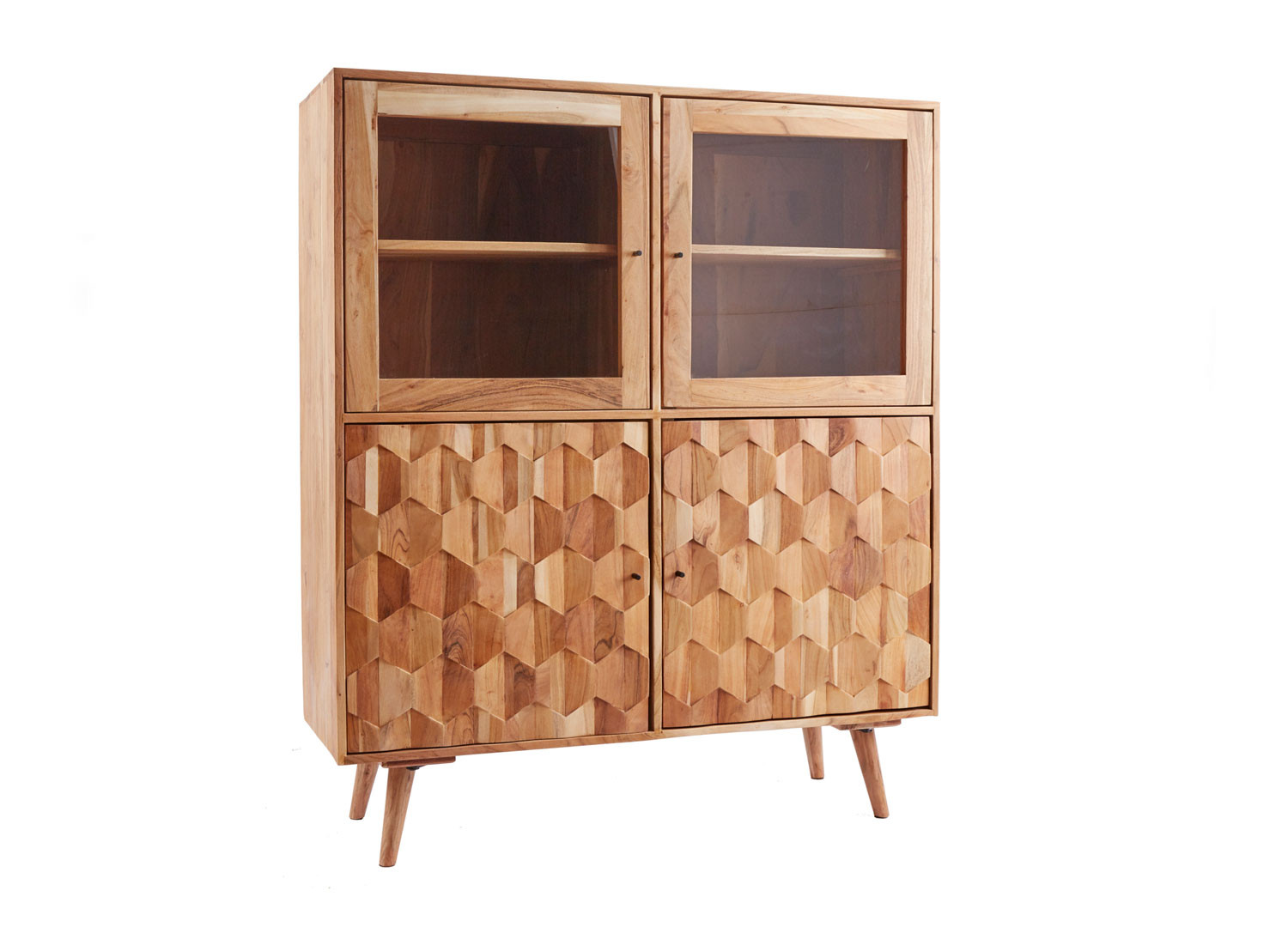 Vitrine acacia massif 4 portes effet mosaïque et verre