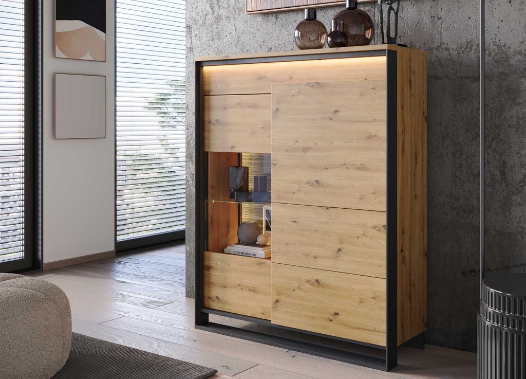 Vitrine basse 140 cm 2 portes à LED chêne artisan et noir Edge