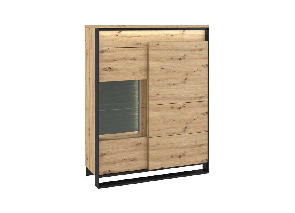 Vitrine basse 140 cm 2 portes à LED chêne artisan et noir Edge