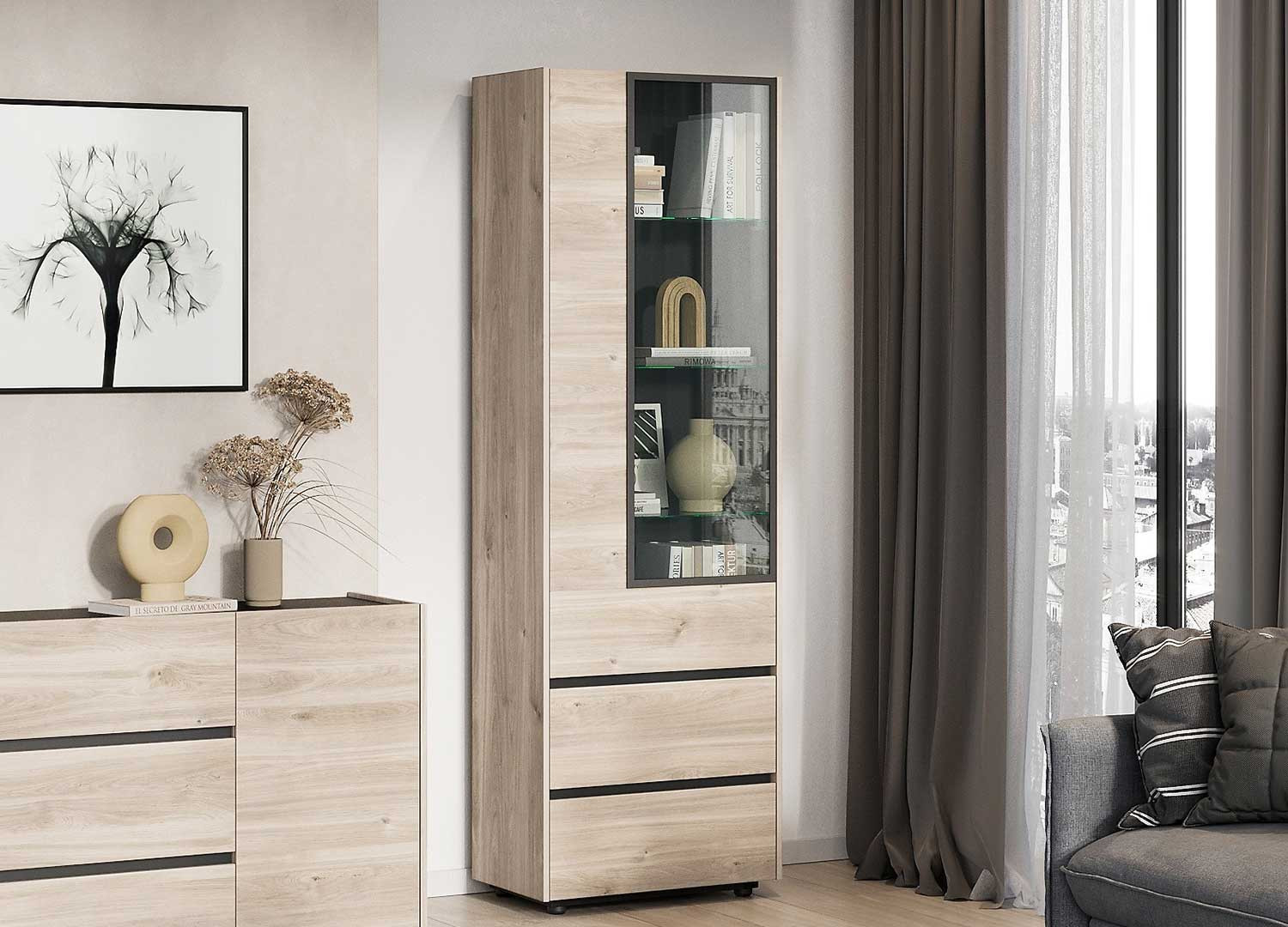 Vitrine haute 1 porte et 2 tiroirs chêne et noir
