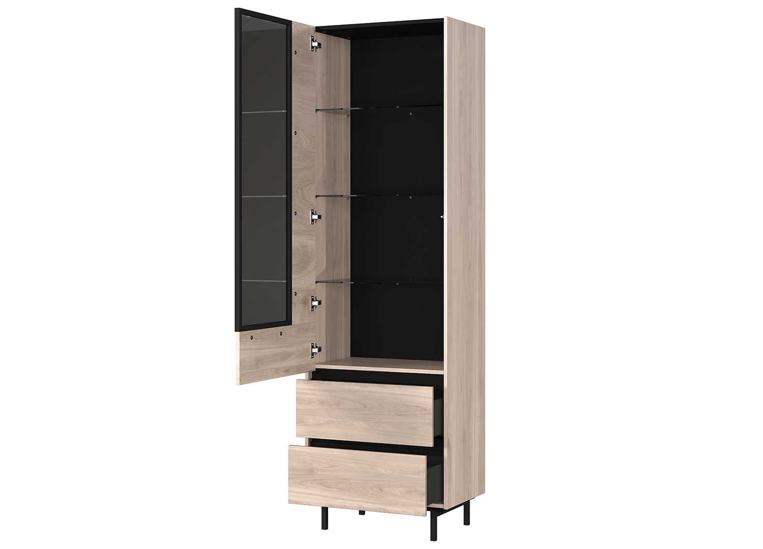 Vitrine haute 1 porte et 2 tiroirs chêne et noir