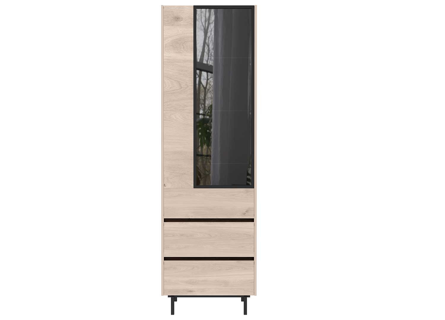 Vitrine haute 1 porte et 2 tiroirs chêne et noir
