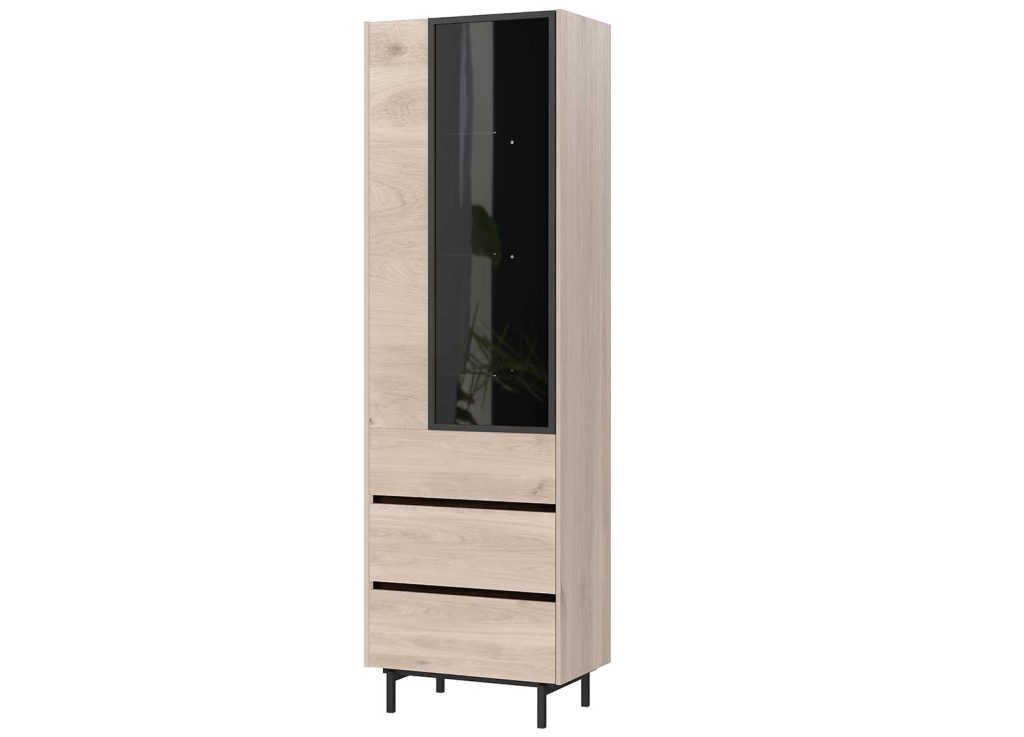 Vitrine haute 1 porte et 2 tiroirs chêne et noir