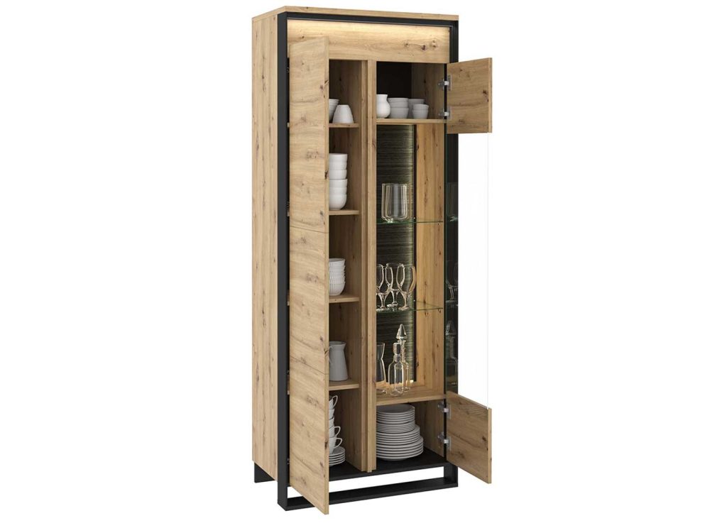 Vitrine haute 195 cm 2 portes à LED chêne artisan et noir Edge