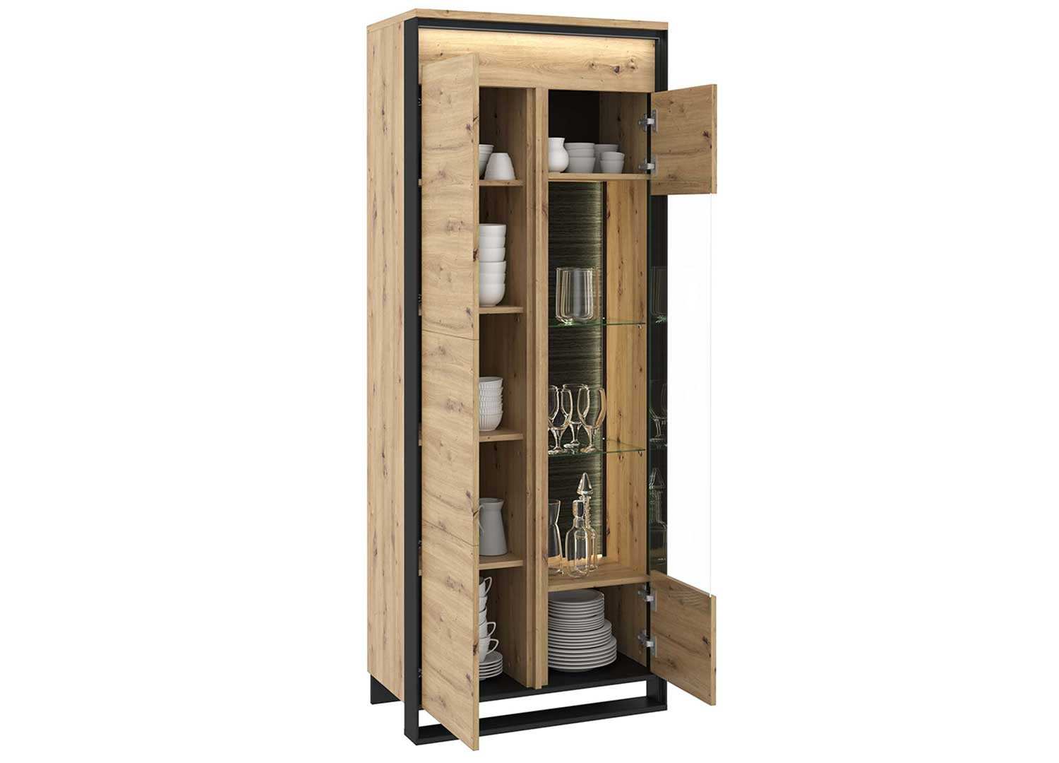 Vitrine haute 195 cm 2 portes à LED chêne artisan et noir Edge