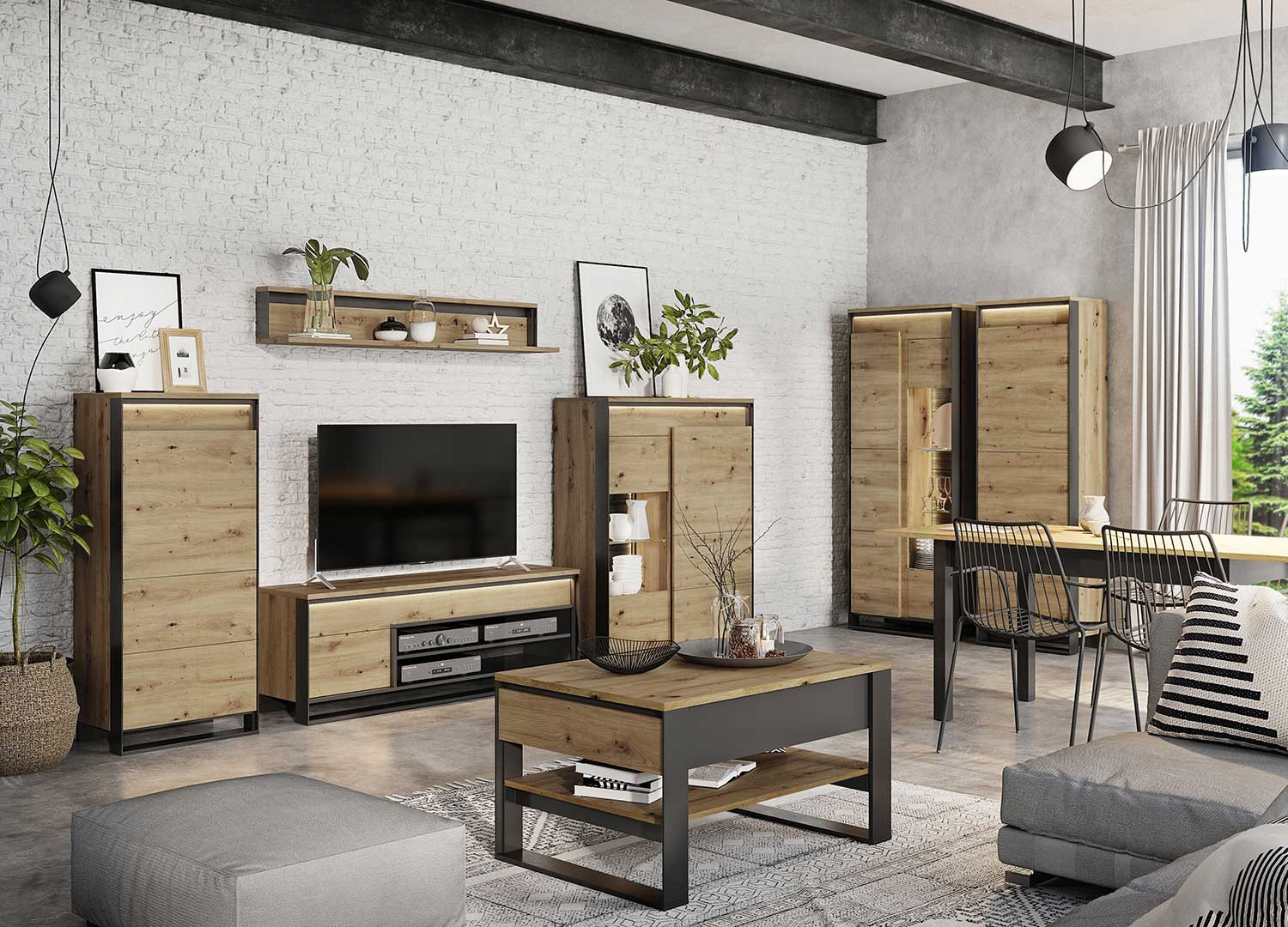 Vitrine haute 195 cm 2 portes à LED chêne artisan et noir Edge
