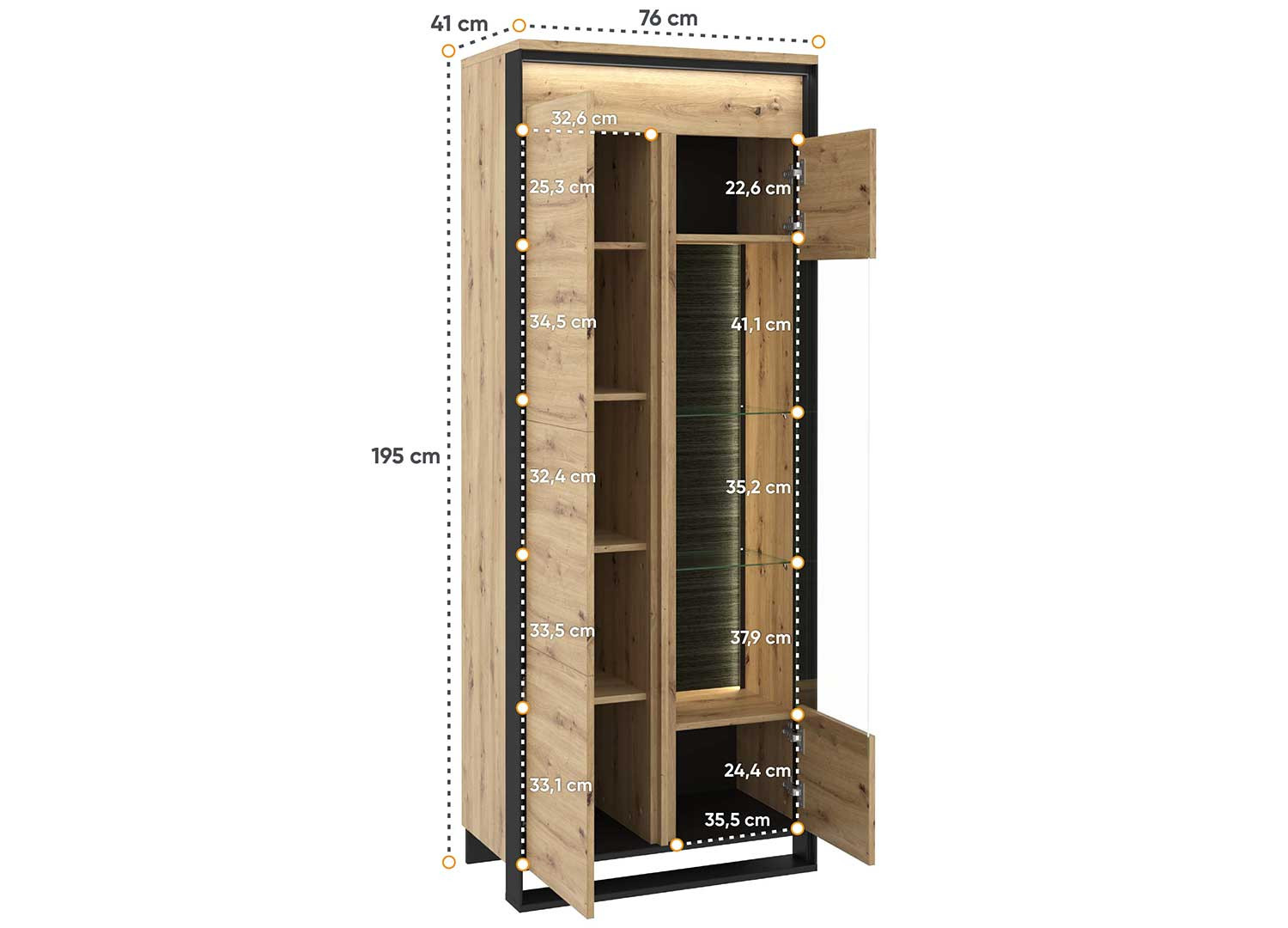 Vitrine haute 195 cm 2 portes à LED chêne artisan et noir Edge
