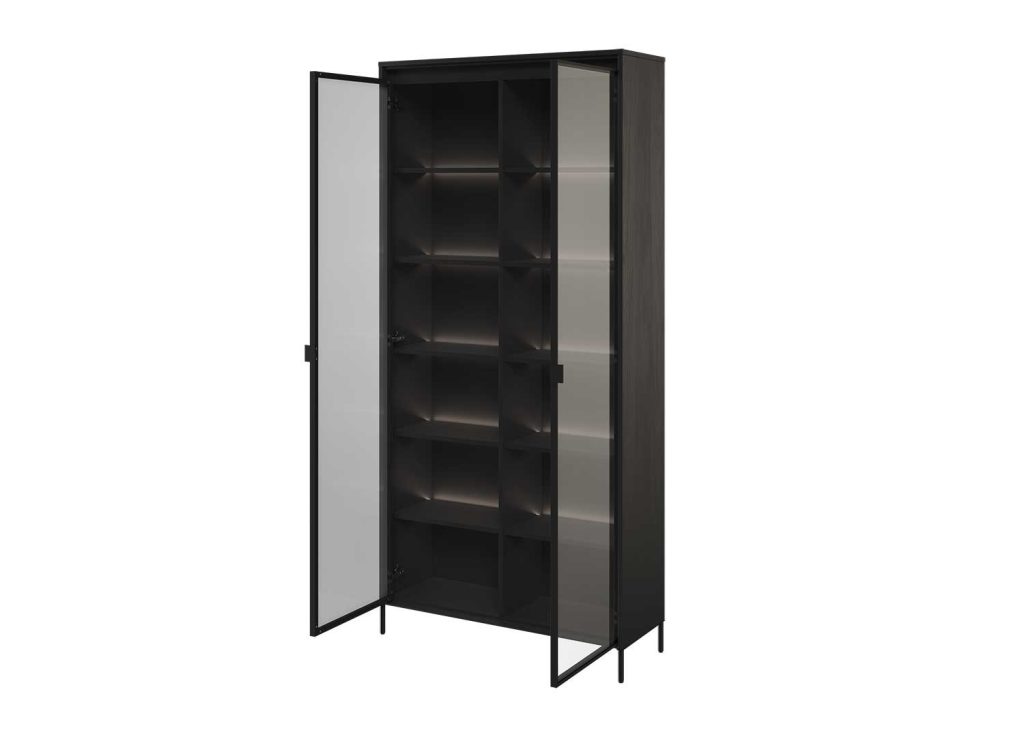 Vitrine haute 2 portes vitrées noir avec éclairage Trend