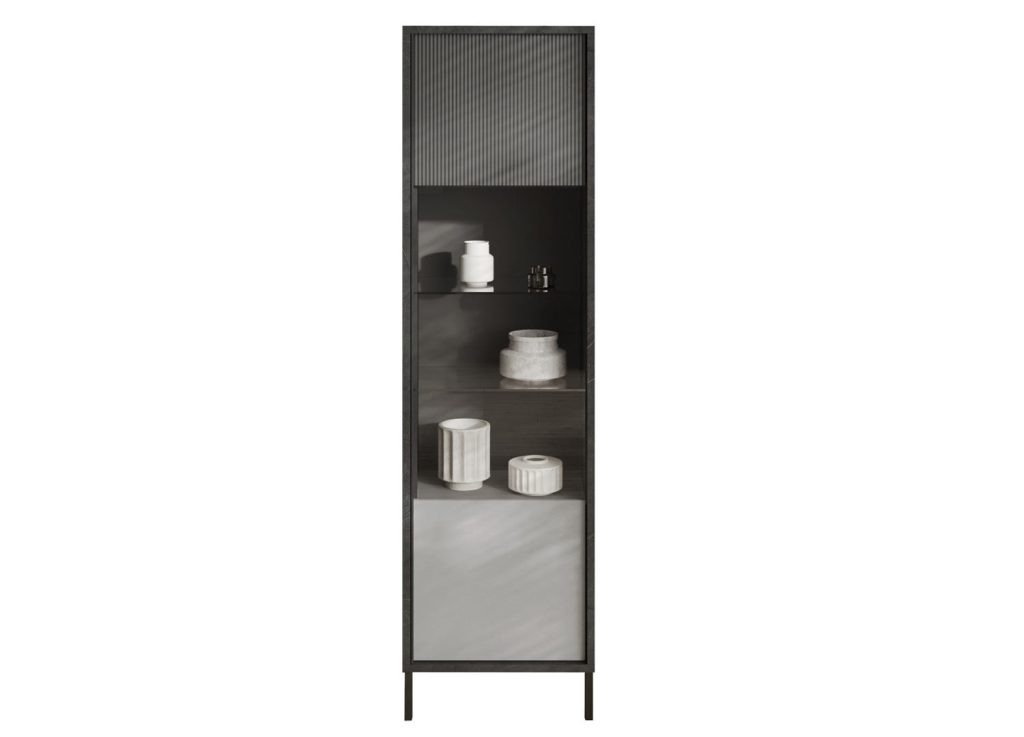 Vitrine haute grise 1 porte en verre et sérigraphie 203 cm