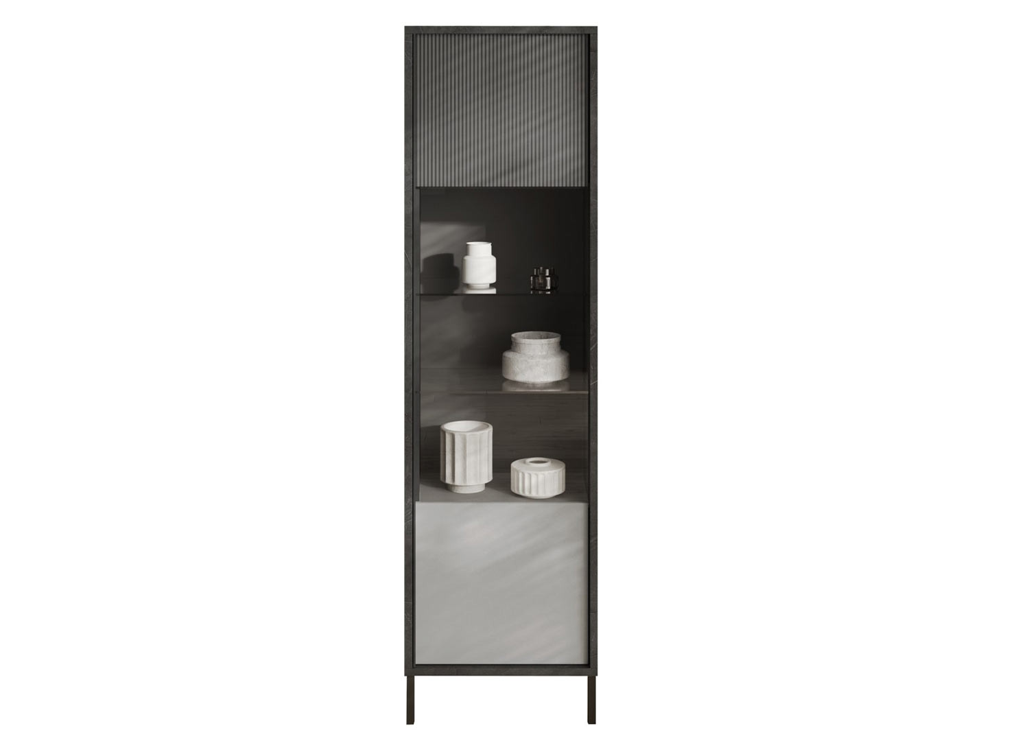 Vitrine haute grise 1 porte en verre et sérigraphie 203 cm