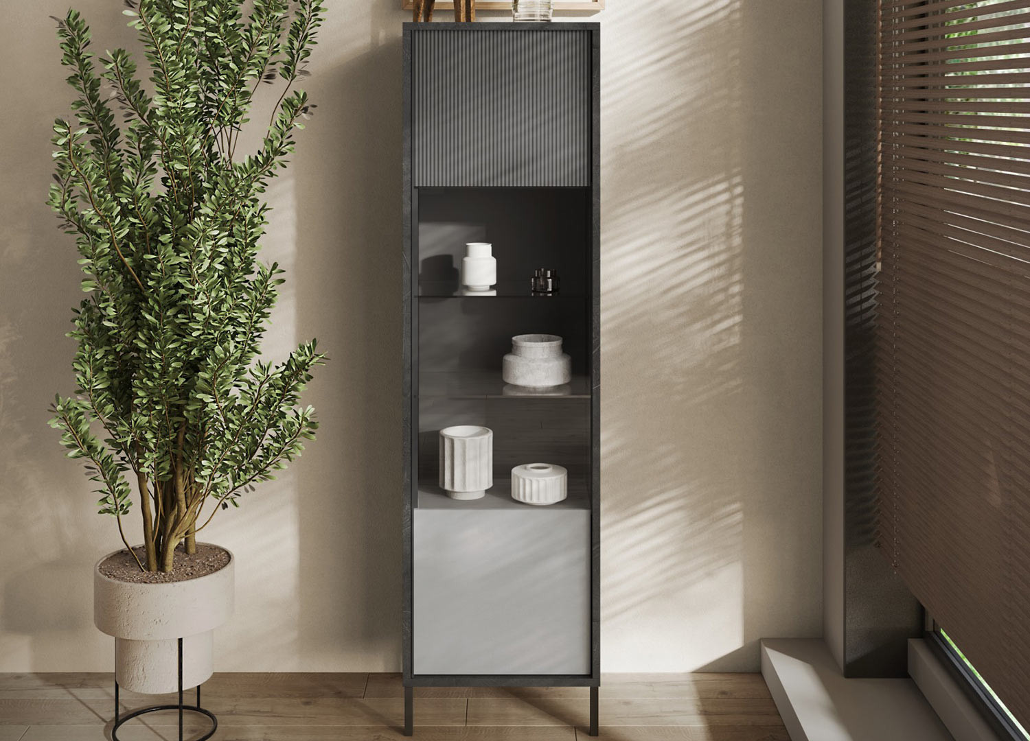 Vitrine haute grise 1 porte en verre et sérigraphie 203 cm