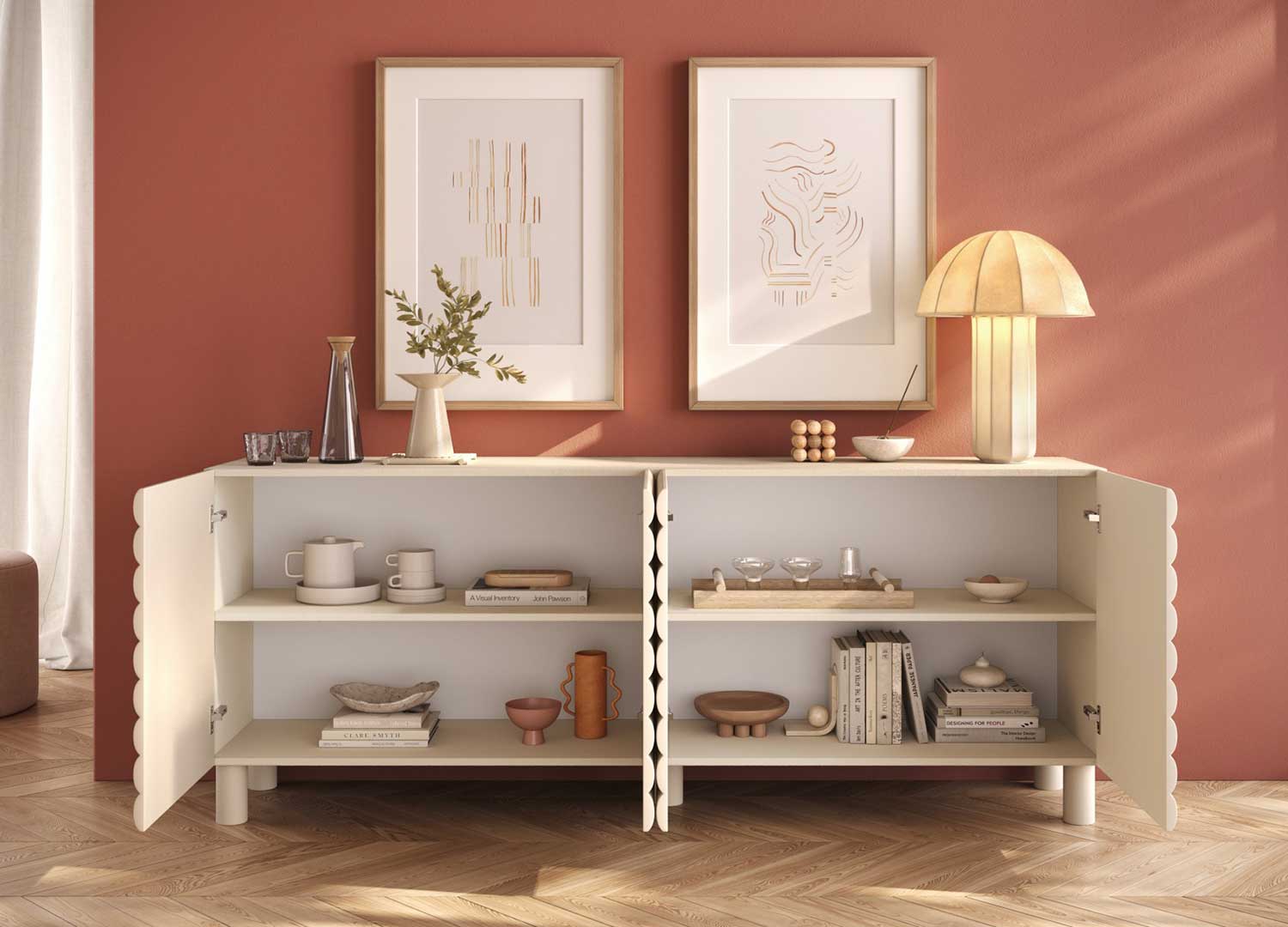 Buffet ALBA 4 portes ouvert avec rangements et étagères intérieures