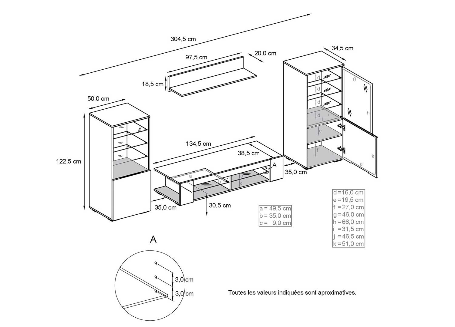 Détail des dimensions de l'ensemble TV Elvio