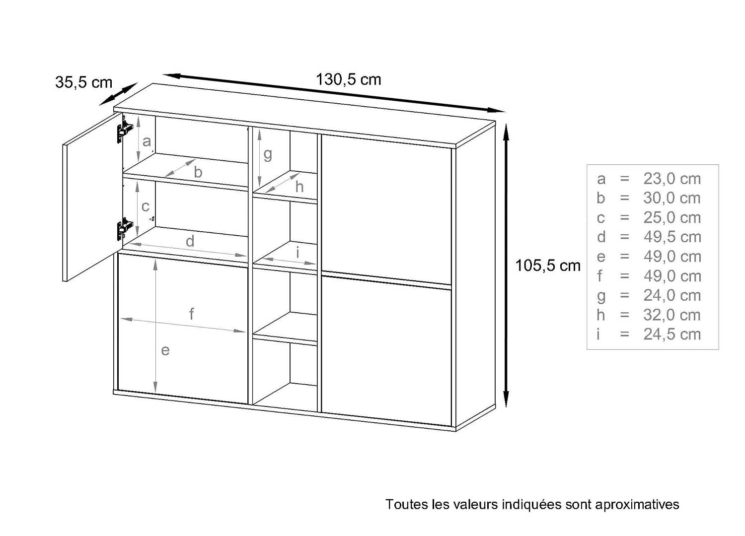 Dimensions détaillées du buffet haut 4 portes Lexa
