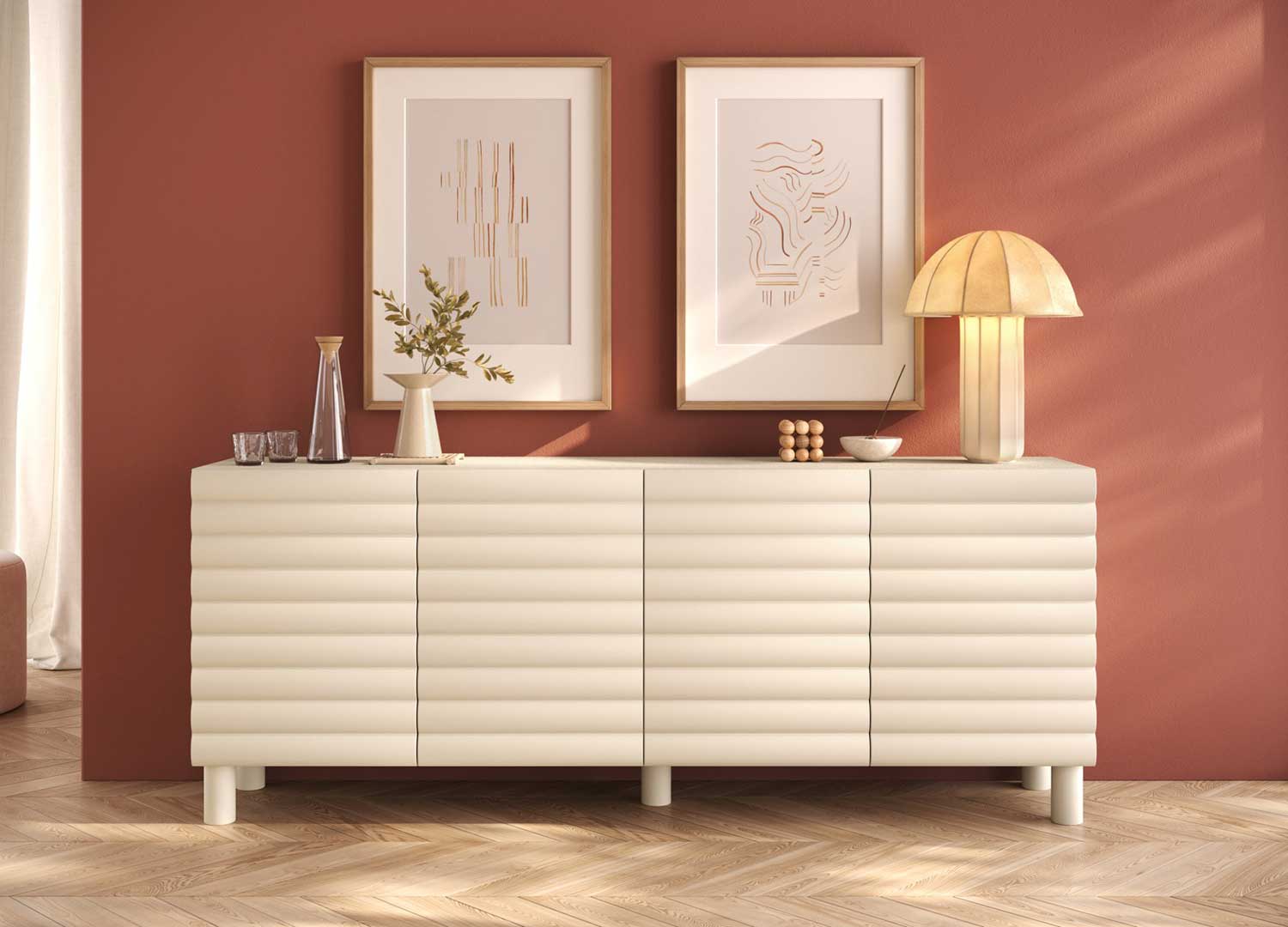 Buffet 4 portes crème ALBA 202 cm aux façades en relief