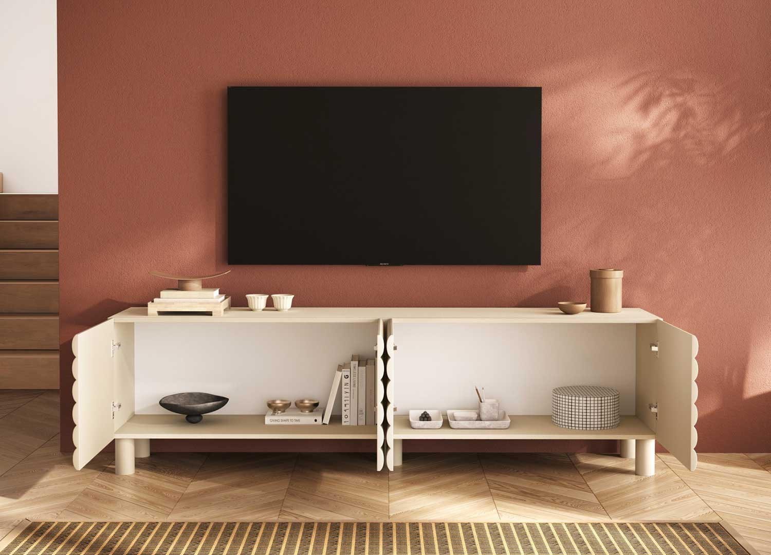 Meuble TV ALBA 202 cm ouvert avec rangements intérieurs