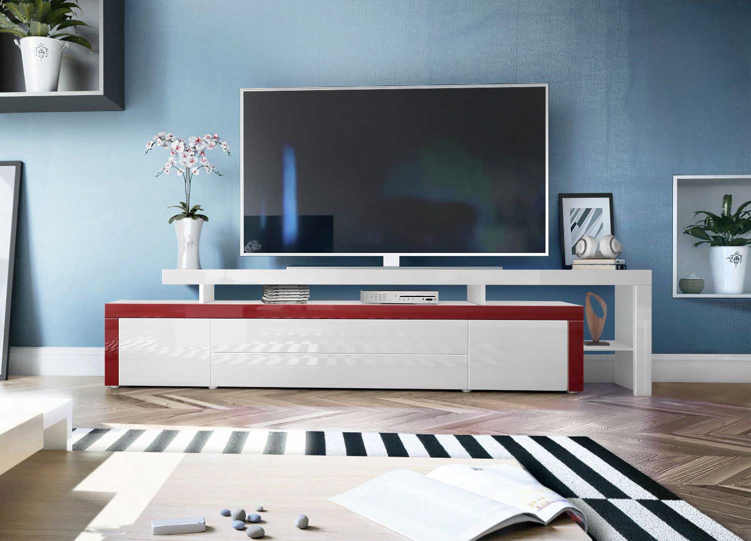 Meuble TV design rouge bordeaux et blanc