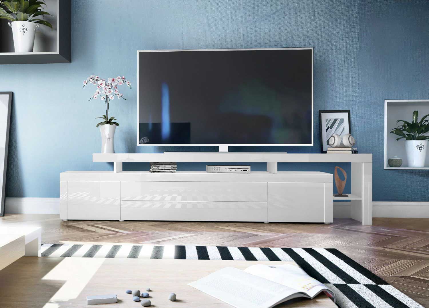 Grand meuble TV LENA 227 cm blanc laqué avec 2 portes et 2 tiroirs