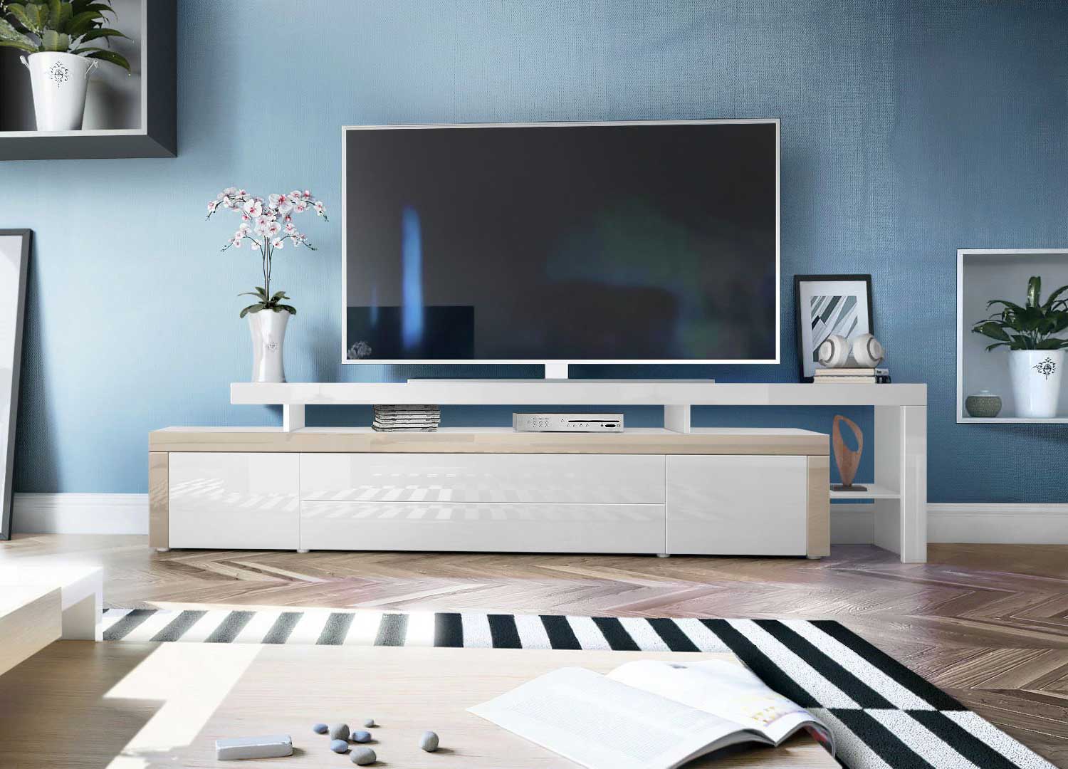 Meuble TV design grège et blanc