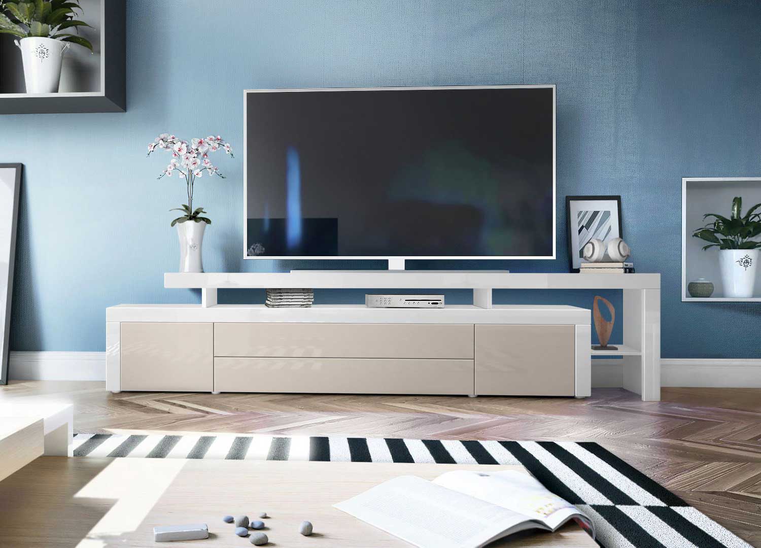 Meuble télévision design grège et blanc laqué