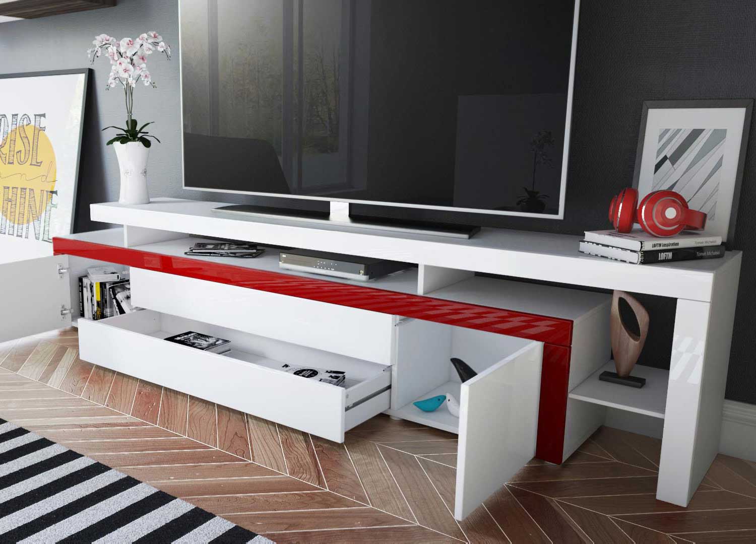 Long meuble tv 2 portes et 2 niches