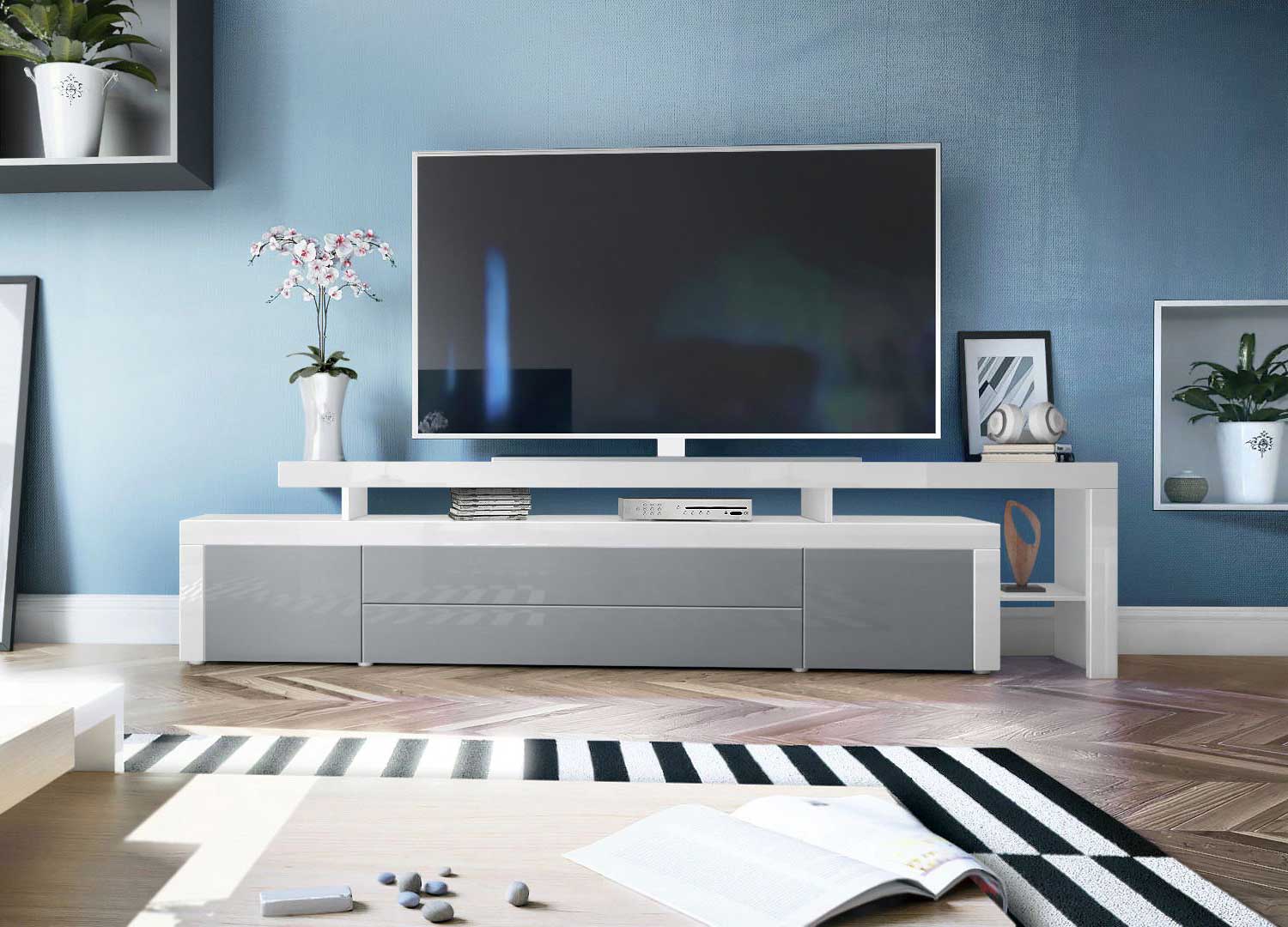 Meuble tv laqué gris et blanc